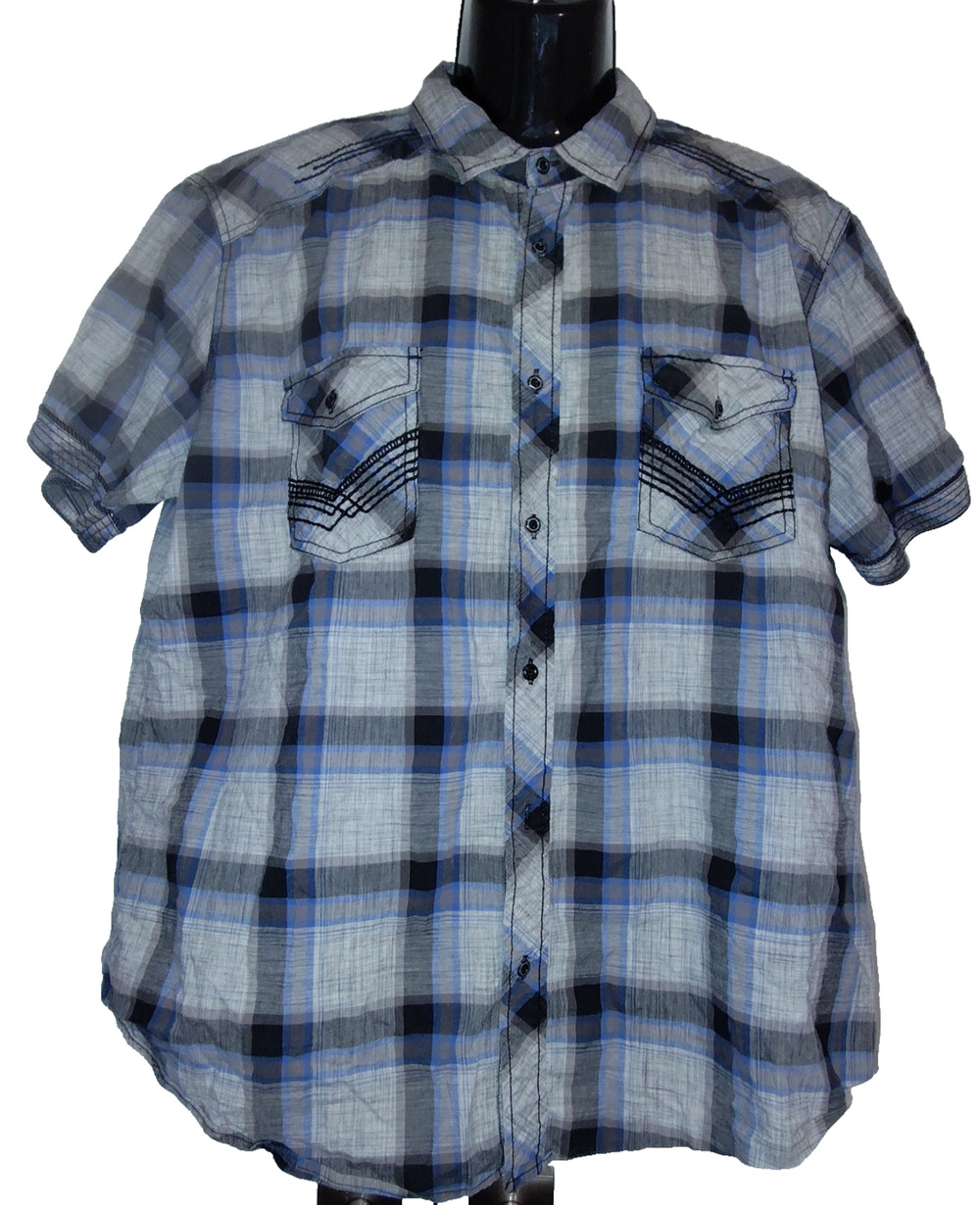 Helix Men’s Blue Gray Plaid Button Down Casual Short Sleeve Shirt Size XXL BG19